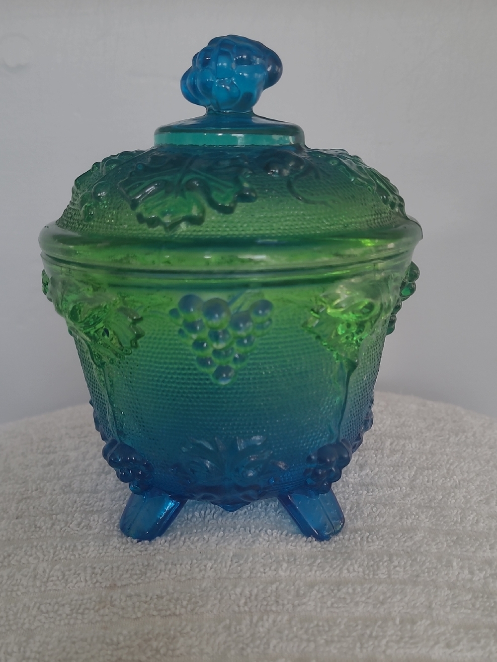 Vintage Blue Green Glass Candy Dish Grape Footed Lidded Jar 6”